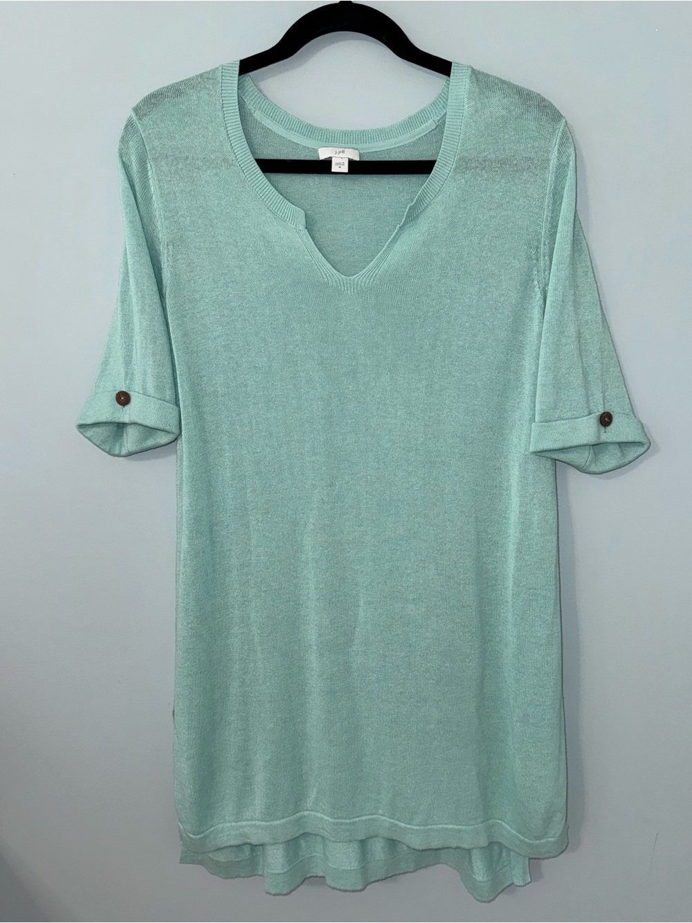 J. Jill Women's Linen Blend Aqua Seafoam Tunic Knit Sweater Lagenlook Size M